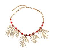 crayfomo Bohemian Coral Necklace, Gold Leaf Chain with Red Beads, Beach Vacation Statement Collar for Women, Summer Holiday Fashion Jewelry