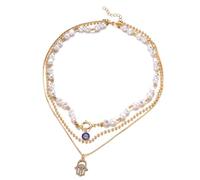 crayfomo Collar de cadena de perlas y oro en capas para mujeres-Hamsa Hand Evil Eye Charm Multi-Strand Gargantilla, Boho Lucky Protection Jewelry Gift