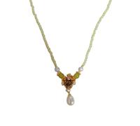 crayfomo Collar de gota de perla de agua dulce de circón floral verde retro, cadena de clavícula de cobre chapado en oro, joyería vintage para cumpleaños fiesta nupcial ducha regalo