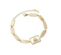 crayfomo Geometric Inlaid Sunflower Bracelet,French Retro Minimalist Light Beige Pearl-Like Beads Gold-Tone Chain, for Women Daily Wear & Vintage Style Enthusiasts