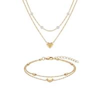 crayfomo Necklace Bracelet Set, Gold Heart Pearl Alloy Double Layer, for Women Ladies Daily Party Wedding