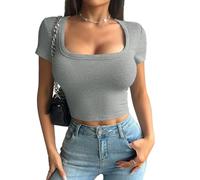 crazy bean Camiseta Manga Corta Mujer Básica Slim Fit Berano Corta Crop Top Cuello en U T Shirt Y2K Sexy de Fitness Yoga Gris
