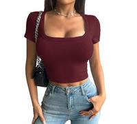 crazy bean Camiseta Manga Corta Mujer Básica Slim Fit Berano Corta Crop Top Cuello en U T Shirt Y2K Sexy de Fitness Yoga Rosa