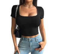 crazy bean Camiseta Manga Corta Mujer Básica Slim Fit Berano Corta Crop Top Cuello en U T Shirt Y2K Sexy de Fitness Yoga Negro