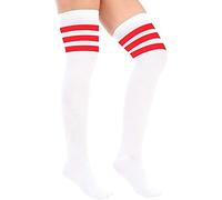 Crazy Chick® Calcetines altos por encima de la rodilla para mujer - Calcetines largos de animadora para uso diario, deportes, cosplay y disfraces, 3 rayas de algodón, Blanco con rojo, talla única