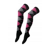 Crazy Chick rombos CALCETINES POR ENCIMA DE LA RODILLA LAS SEÑORAS ALTO del muslo Diamante Estampado de cuadros Calcetines De Golf 4-6 - Negro con Rosa y Gris Rombos, 4-6