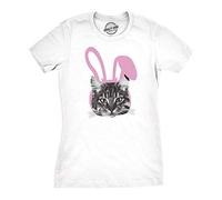 Crazy Dog Tshirts - Womens Easter Cat T Shirt Funny Kitten In Bunny Ears Cute Lover Spring tee (White) - L - Camiseta para Mujer