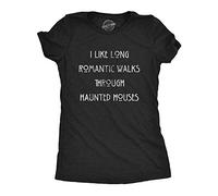 Crazy Dog Tshirts - Womens I Like Long Romantic Walks Through Haunted Houses Tshirt Funny Halloween tee (Heather Black) - L - Camiseta para Mujer
