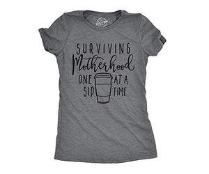 Crazy Dog Tshirts - Womens Surviving Motherhood One Sip At A Time Tshirt Funny Coffee tee For Ladies (Dark Heather Grey) - XL - Camiseta para Mujer