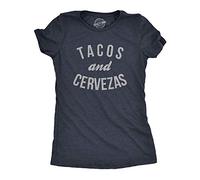 Crazy Dog Tshirts - Womens Tacos and Cervezas Funny T Shirts Cool Vintage Graphic tee Cute Saying (Heather Navy) - L - Camiseta para Mujer