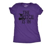 Crazy Dog Tshirts - Womens The Witch Is In Tshirt Funny Halloween Broomstick Novelty tee (Heather Purple) - L - Camiseta para Mujer