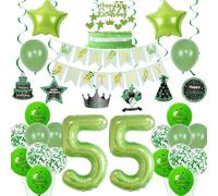Crazy-M Decoración de Cumpleaños 55 Años Verde: Globos, Banner, Decoración de Torta y Colgantes para Fiesta de Cumpleaños para Hombre y Mujer - 27 Piezas
