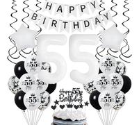 Crazy-M Decoraciones Fiesta 55 Años Cumpleaños Blanco Negro: 32 Globos de Aluminio, Decoraciones de Torta, Bandera, Colgantes, Globos de Látex, Globos de Confeti, Globos de Estrella, Cintas - 1 Juego