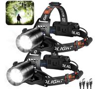 crazybrace Linterna frontal LED recargable, paquete de 2 unidades, 990000 lúmenes, lámpara de cabeza súper brillante con 3 modos y 12 horas de funcionamiento largo, faro frontal más brillante