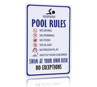 Crazysign Letrero de reglas de piscina, advertencia de natación bajo tu propio riesgo, letrero vintage de lata para piscina, parque acuático, decoración de playa, 8 x 12 pulgadas (3097)