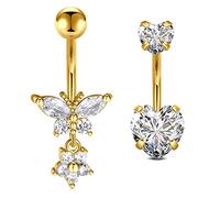 Crdifu 2 uds barras doradas para el vientre 10mm corazón de mariposa 14G anillos para ombligo joyería Piercing de acero quirúrgico