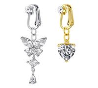 Crdifu 2 uds Clip en el Ombligo Anillos Falso Falso Ombligo Piercing joyería Mariposa corazón Colgante