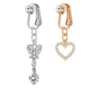 Crdifu 2 uds Clip en el Ombligo Anillos Falso Falso Ombligo Piercing joyería Mariposa corazón Colgante