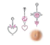 Crdifu Piercing para ombligo de acero inoxidable con forma de corazón rosa, 10 mm, 14 g, con lazo colgante, alas de ángel, hipoalergénico para mujer, joyería de piercing para ombligo, 14G, Acero