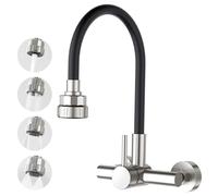 CREA Grifo Cocina Pared Mezclador Monomando Flexible 360° con Pulverizador de Cuatro Función Palanca, Grifo para Fregadero de Cocina con Manguera de Silicona Negra, Acero Inoxidable Cepillado