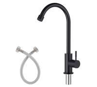 CREA Grifo de agua fría para cocina al aire libre, negro mate, 1 agujero, arco alto, giro de 360°, grifo de agua fría, acero inoxidable, varilla de rosca extra larga de 2.2 pulgadas