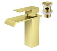 CREA Grifo de Baño en Cascada Oro, Grifo Lavabo Caño Cascada, Moderno Grifo Monomando Lavabo, Grifo Mezclador Lavabo Monomando Cascada, Dorado Cepillado