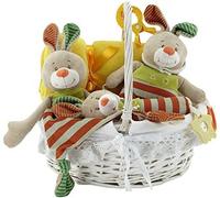 Creaciones Llopis Canastilla Bebé Animalitos Pequeña | Regalo para Niños y niñas | Dou Dou Babero Cascabel Pelota y Peluche de Actividades | Cesta Lista para Regalar (Conejito Rayas)