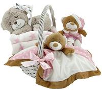 Creaciones Llopis Canastilla Bebé Animalitos Pequeña | Regalo para Niños y niñas | Dou Dou Babero Cascabel Pelota y Peluche de Actividades | Cesta Lista para Regalar (Oso Noche)