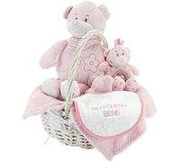Creaciones Llopis Canastilla Bebé Animalitos Pequeña | Regalo para Niños y niñas | Dou Dou Babero Cascabel Pelota y Peluche de Actividades | Cesta Lista para Regalar (Oso Rosa)