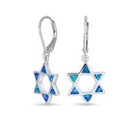 Creados Con Ópalo Azul Religioso, Joyería Judaica Magen Hanukkah, Estrella De David, Pendientes Colgantes Con Cierre De Palanca Para Mujeres Adolescentes En Su Bat Mitzvah. Plata Esterlina .925