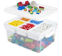 Creahaus Caja de almacenamiento de 16 litros con bandeja extraíble, recipiente de plástico con tapa de placa base de construcción y hebillas de cierre, caja apilable para arte, playdoh, herramientas,