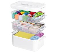 Creahaus Caja de almacenamiento multiusos de 3 capas con 2 bandejas extraíbles, caja de almacenamiento apilable para manualidades con tapas y asa, caja de medicina portátil para organizar herramientas