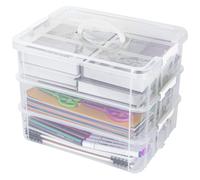Creahaus Cajas de almacenamiento apilables de plástico de 3 capas con tapa y asa de transporte, contenedores de almacenamiento, multiusos, portátil, transparente, organizador para organizar