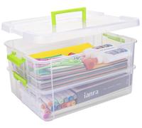 Creahaus Contenedores de almacenamiento de plástico de 2 capas con tapas, multiusos transparente apilable y caja de transporte, organizadores portátiles de manualidades y contenedor de almacenamiento