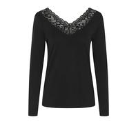 Cream Women's-Camiseta de Manga Larga con Cuello en V con Encaje y Borde Normal Top, Pitch Black, L para Mujer