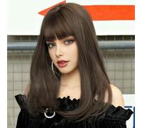 Creamily Peluca marrón oscuro con flequillo para mujer, larga, recta, en capas, de pelo sintético, para fiestas, cosplay y uso diario, de 20 pulgadas