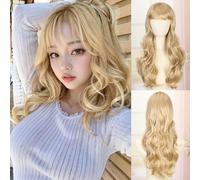 Creamily Peluca rubia larga ondulada flequillo Pelucas rubias largas para mujeres Peluca cabello sintético rizado ondulado 24 pulgadas aspecto natural mujeres niñas Para fiestas Halloween
