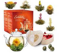 Creano Flores de Té Blanco 6 uds - Caja de Madera Corazón y Tetera de Vidrio 500ml Antigoteo - Regalo Romántico para Mujer - Té en Flor Artesanal