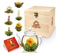Creano Flores de Té Blanco 6 uds - Cofre de Madera con Tetera de Vidrio 500ml Antigoteo - Set de Lujo para Regalo - Té en Flor Hecho a Mano
