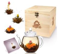 Creano Flores de Té Negro 6 uds y Tetera de Vidrio 500ml - Cofre de Madera de Lujo - 3 Variedades de Té Negro con Flores - Regalo Elegante para Mujer