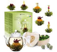 Creano Flores de Té Verde 6 uds en Caja Corazón con Tetera de Vidrio 500ml Antigoteo - 6 Variedades - Regalo Romántico para Ella