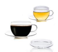 Creano Juego de 2 Tazas de Té 200ml con Platillos y Tapas - Vidrio de Borosilicato Soplado a Mano - Set Duo para Té, Café y Cappuccino - Antigoteo