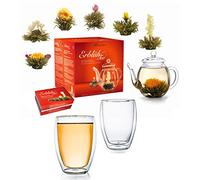 Creano Set de Regalo Flores de Té Blanco 6 uds con Tetera y 2 Vasos Térmicos 250ml - Set Completo 9 Piezas - Regalo de Lujo para Mujer y Mamá
