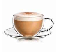 Creano Taza de Café de Doble Pared con Asa y Plato de Vidrio de Borosilicato Aislante para Bebidas Calientes y Frías 250ml