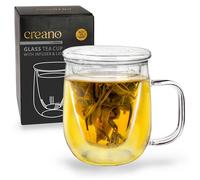 Creano Taza de Té de Vidrio de Borosilicato con Filtro y Tapa de Cristal 400ml Preparador de Té con Asa Diseño Recto