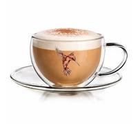 Creano Taza Té Doble Pared 250ml con Platillo „Hummi“ Rojo - Vidrio Térmico Borosilicato con Motivo de Colibrí Inalterable - Regalo para Mujer