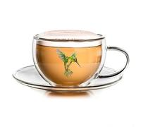 Creano Taza Té Doble Pared 250ml con Platillo „Hummi“ Verde - Vidrio Térmico Borosilicato con Motivo de Colibrí Inalterable - Regalo para Mujer