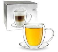 Creano Taza Té Doble Pared XXL 400ml con Platillo - Gran Taza Térmica Bombeada de Borosilicato para Cappuccino, Latte y Té - Regalo Elegante