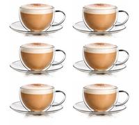 Creano Tazas de Café de Doble Pared con Asa y Plato de Vidrio de Borosilicato Aislantes para Bebidas Calientes y Frías 250ml - Juego de 6 Vasos