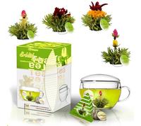 Creano Teelini Flores de Té Verde 8 uds con Taza de Vidrio 200ml y Tapa - Set de Regalo Completo 10 Piezas - Ideal para Oficina y Relax